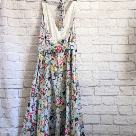Unique Vintage Tarrytown Halter Swing Dress L Mint Blue Crane Print Metallic - Picture 5 of 8